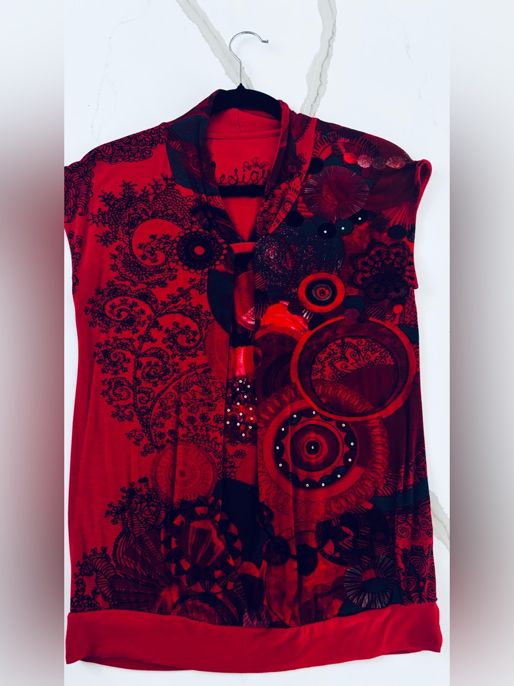 Desigual Red and Black Decorative V-Neck Tunic